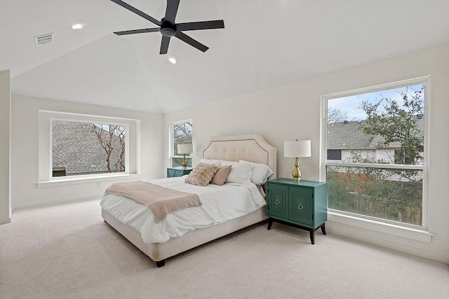 bedroom with light carpet, visible vents, lofted ceiling, ceiling fan, and recessed lighting