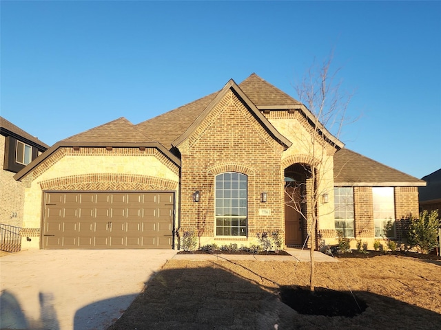 french provincial home featuring concrete driveway, an attached garage, brick siding, and a shingled roof