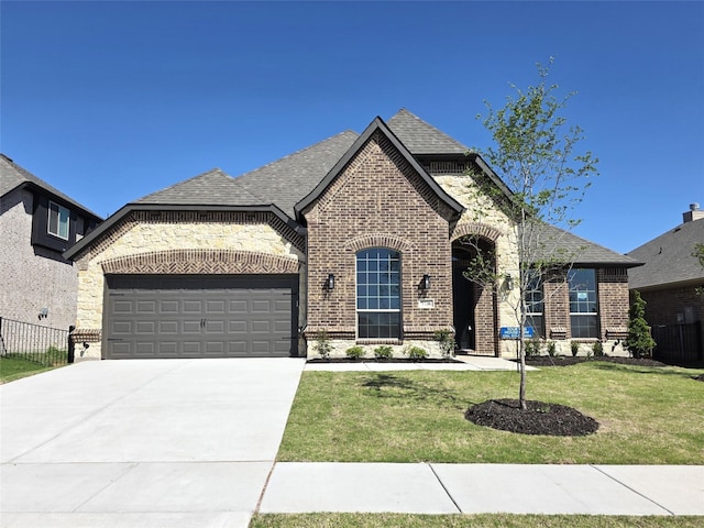 french country style house with concrete driveway, brick siding, a front yard, and a garage