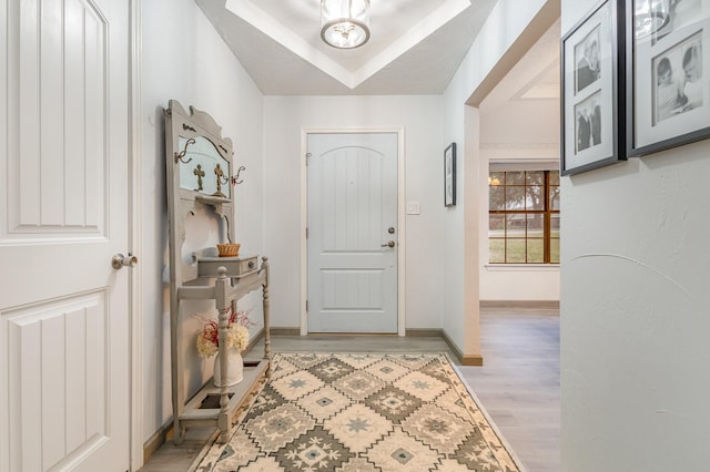 entryway featuring light wood-type flooring, baseboards, and a raised ceiling