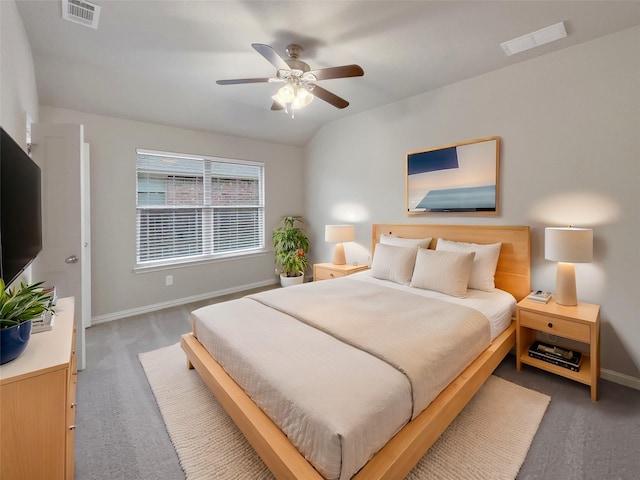 carpeted bedroom with lofted ceiling and ceiling fan