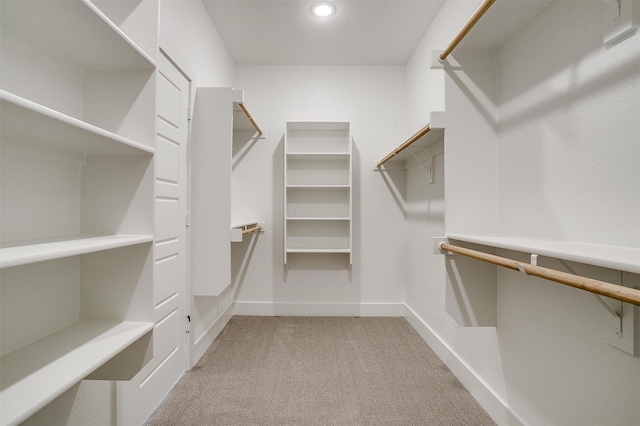 walk in closet with light colored carpet