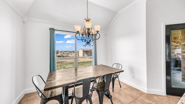 157 Churchill Cir, Weatherford, TX 76085 - dining space with ornamental molding, a chandelier, vaulted ceiling, and light tile patterned flooring