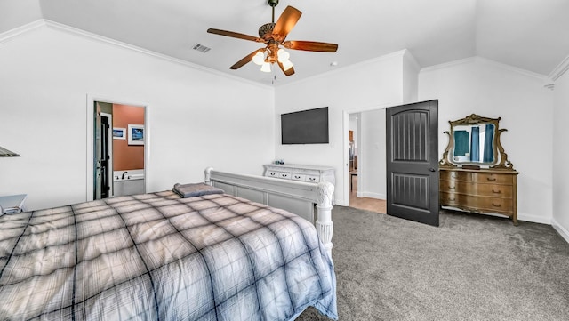157 Churchill Cir, Weatherford, TX 76085 - carpeted bedroom with vaulted ceiling, ornamental molding, and ceiling fan