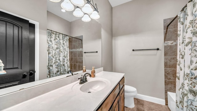 bathroom featuring toilet, a notable chandelier, vanity, baseboards, and shower / bathtub combination with curtain