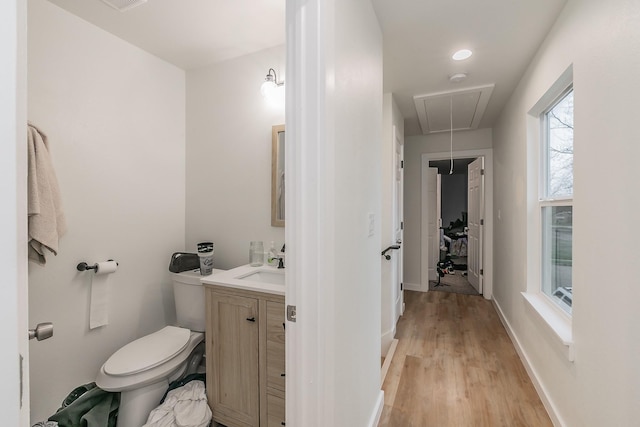 bathroom featuring toilet, vanity, and wood-type flooring