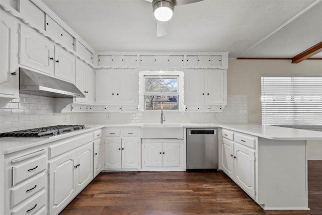 kitchen with a peninsula, white cabinets, and stainless steel appliances