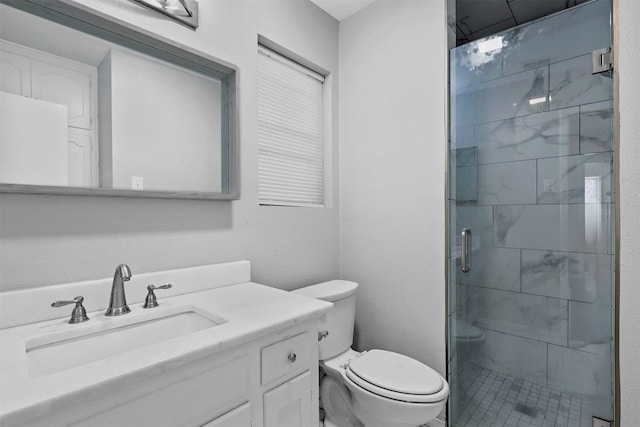 full bath with toilet, a shower stall, and vanity