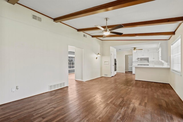 unfurnished living room featuring a sink, visible vents, dark wood finished floors, and beamed ceiling