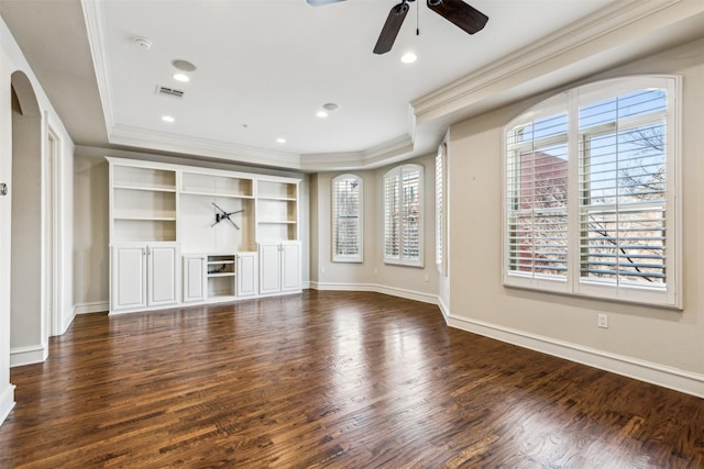 unfurnished living room with ceiling fan, ornamental molding, and dark hardwood / wood-style floors