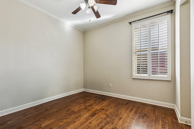 unfurnished room featuring ceiling fan, crown molding, and dark hardwood / wood-style flooring