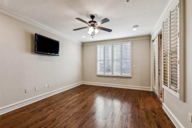 unfurnished bedroom featuring ceiling fan, a textured ceiling, dark hardwood / wood-style flooring, and ornamental molding