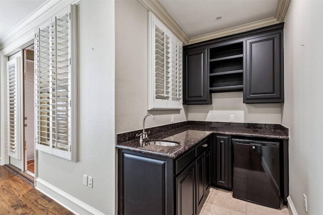 bar featuring sink, dark stone counters, black dishwasher, and crown molding