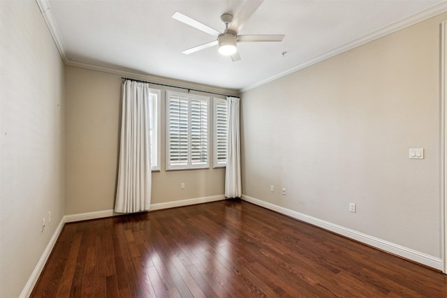 unfurnished room featuring ceiling fan, dark wood-type flooring, and crown molding