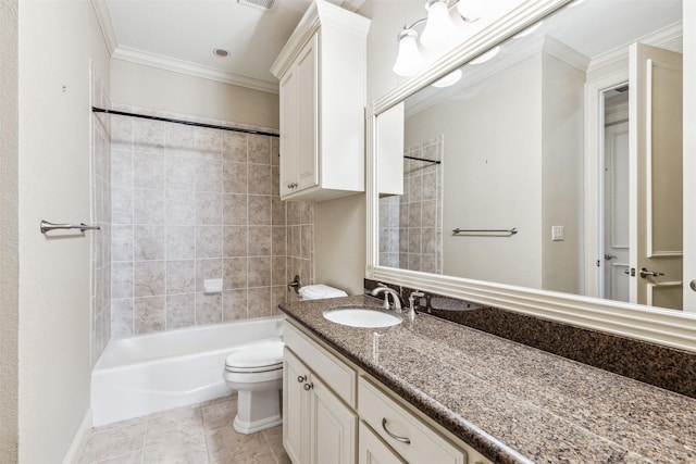 full bathroom featuring tiled shower / bath combo, toilet, crown molding, tile patterned floors, and vanity