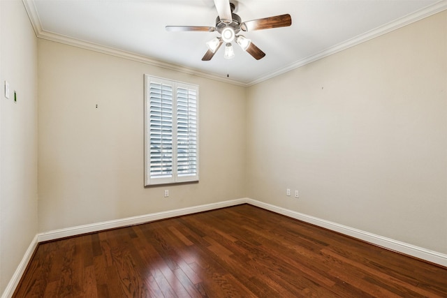 unfurnished room featuring hardwood / wood-style flooring, ceiling fan, and crown molding