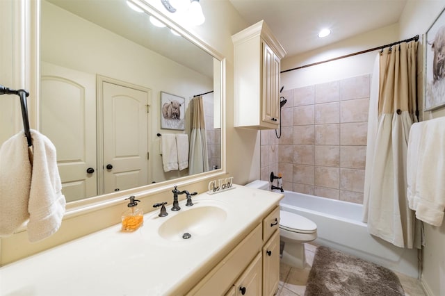 full bathroom with toilet, vanity, shower / tub combo, and tile patterned floors