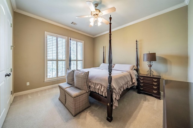 bedroom with ceiling fan, light colored carpet, and ornamental molding