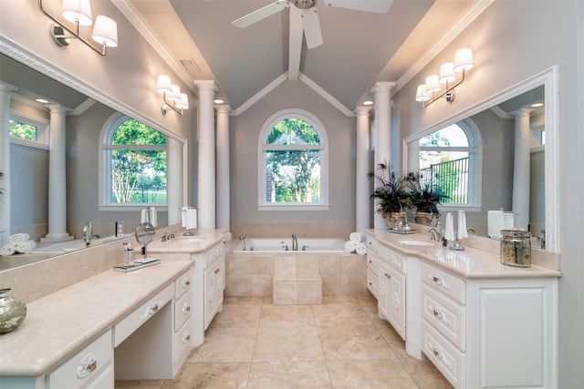 bathroom with ornamental molding, decorative columns, and lofted ceiling