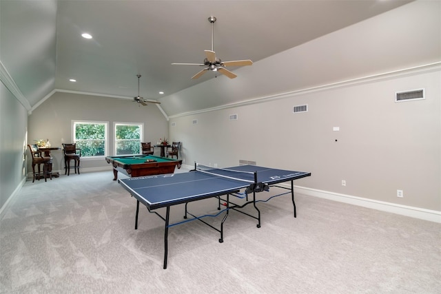 game room with ceiling fan, billiards, vaulted ceiling, and light colored carpet