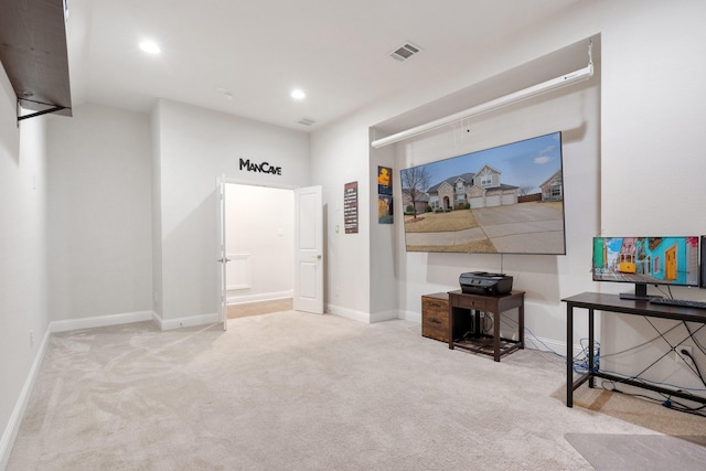 interior space with recessed lighting, carpet flooring, visible vents, and baseboards