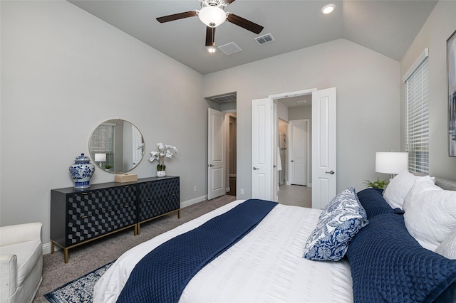 bedroom with baseboards, visible vents, lofted ceiling, ceiling fan, and carpet floors