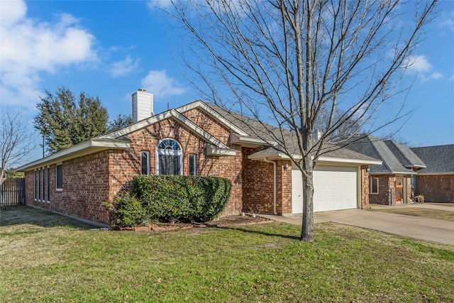 single story home with driveway, an attached garage, a chimney, a front lawn, and brick siding