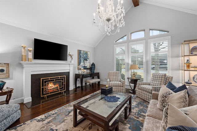 living room with ornamental molding, high vaulted ceiling, beamed ceiling, and dark hardwood / wood-style flooring