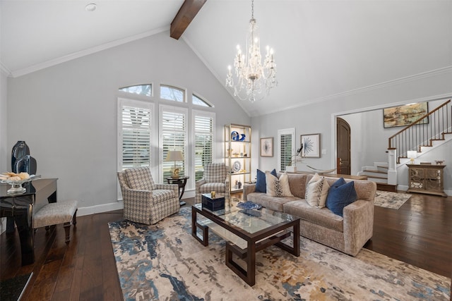 living room featuring beamed ceiling, high vaulted ceiling, an inviting chandelier, and wood-type flooring