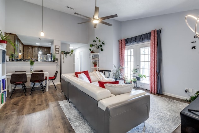8545 Midpark Rd Unit 40, Dallas, TX 75240 - living room with a ceiling fan, wood finished floors, baseboards, high vaulted ceiling, and french doors