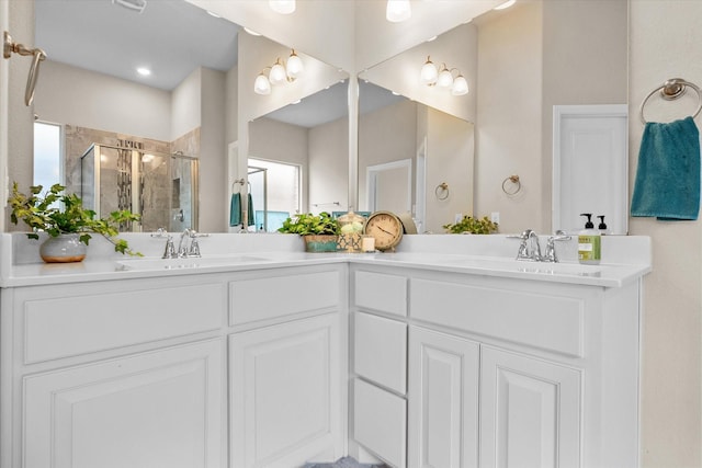 full bath featuring double vanity, a stall shower, and a sink