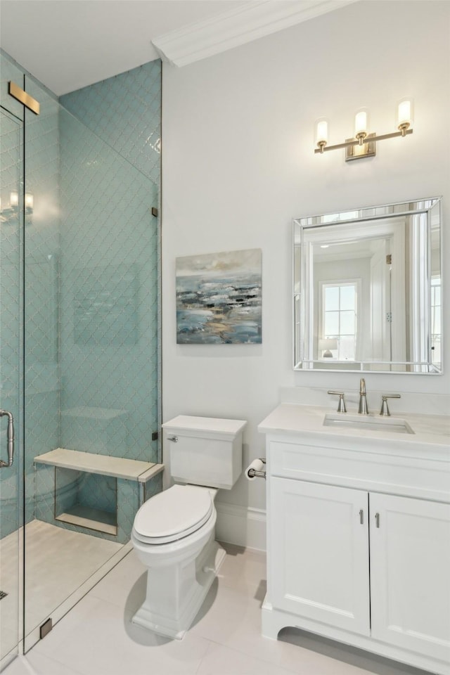 bathroom with toilet, a shower with shower door, tile patterned floors, ornamental molding, and vanity