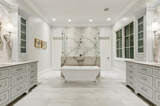 bathroom with ornamental molding, separate shower and tub, vanity, and tile walls