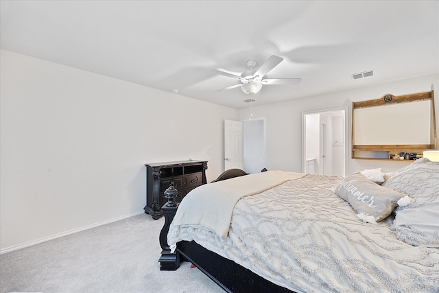 bedroom with light carpet and ceiling fan