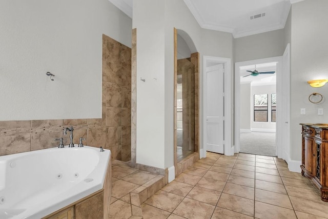 full bath featuring crown molding, visible vents, a shower stall, tile patterned flooring, and a jetted tub