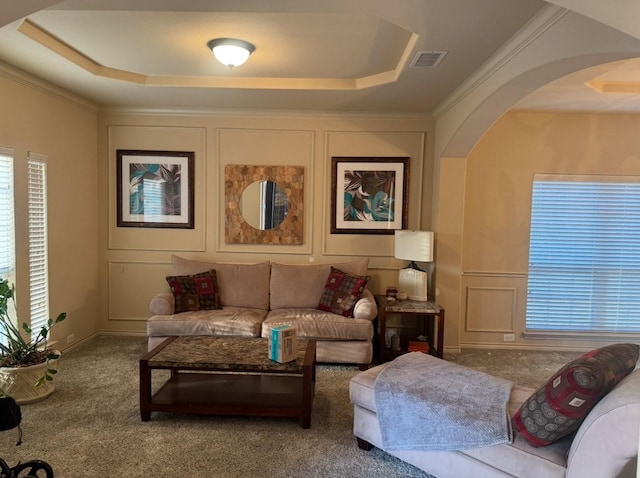 carpeted living room featuring crown molding, plenty of natural light, and a raised ceiling