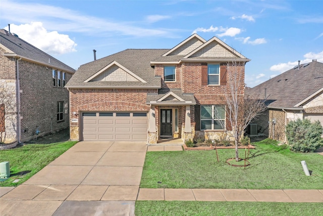 view of front facade with central AC, a front yard, and a garage