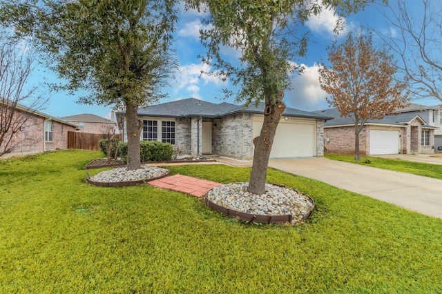 single story home with a garage, concrete driveway, fence, a front lawn, and brick siding