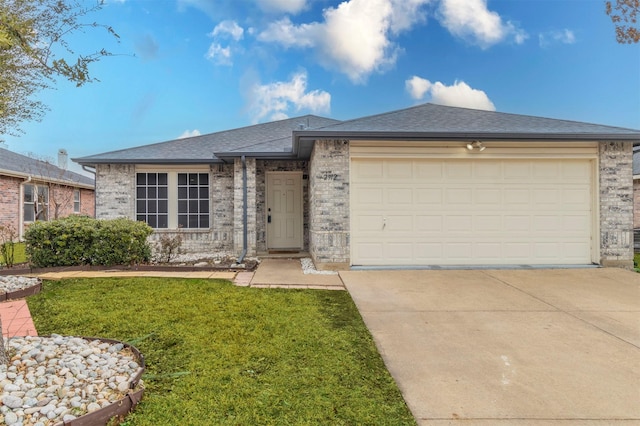 ranch-style house featuring an attached garage, brick siding, concrete driveway, roof with shingles, and a front yard