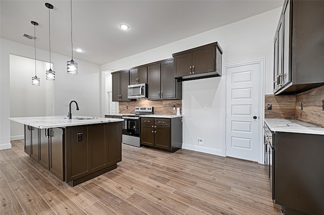 kitchen with appliances with stainless steel finishes, a sink, decorative backsplash, light wood-style flooring, and recessed lighting