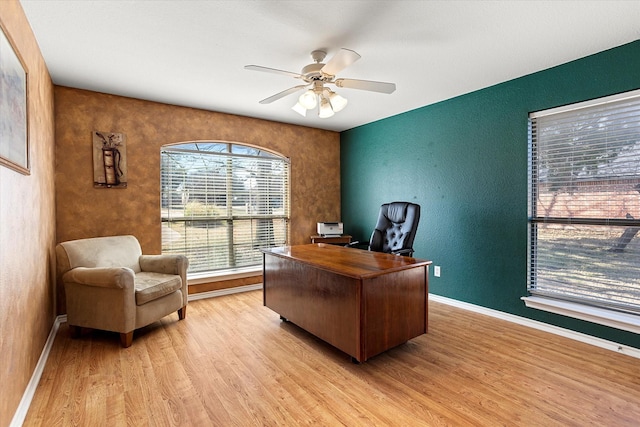 office space featuring light hardwood / wood-style floors and ceiling fan