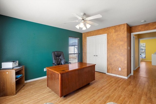 office area featuring ceiling fan and light hardwood / wood-style flooring