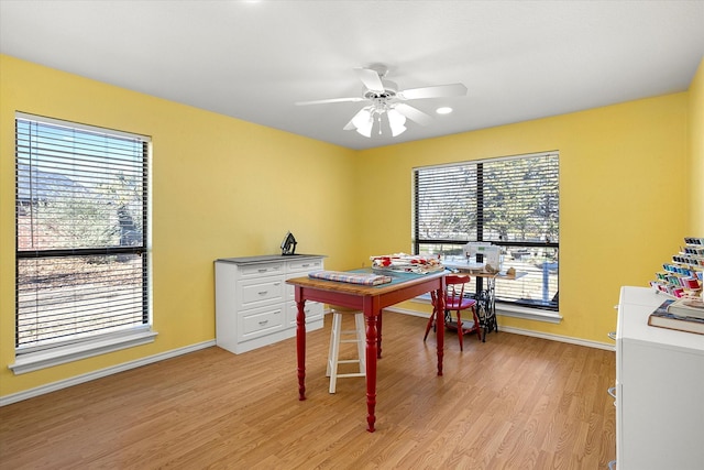 office area featuring ceiling fan and light hardwood / wood-style floors