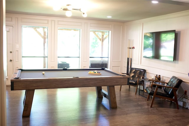 playroom featuring crown molding, wood-type flooring, and billiards