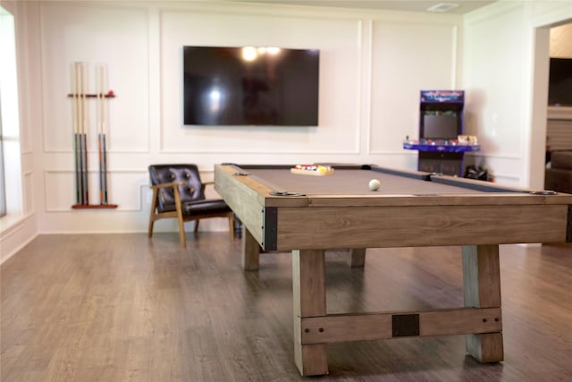 rec room with dark hardwood / wood-style flooring and pool table