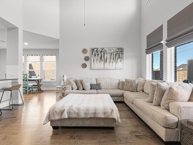 living room featuring a high ceiling, wood finished floors, and baseboards