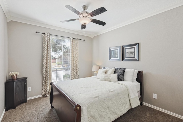 bedroom featuring baseboards, dark carpet, ceiling fan, and ornamental molding