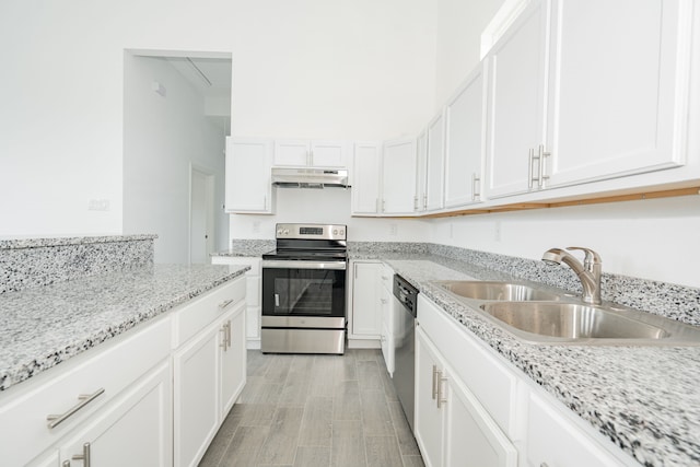 kitchen featuring appliances with stainless steel finishes, white cabinets, a sink, and under cabinet range hood