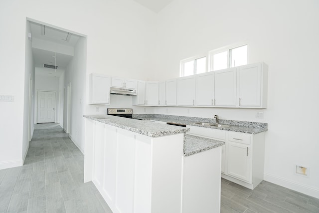 kitchen with light stone counters, white cabinets, a sink, under cabinet range hood, and stainless steel electric range