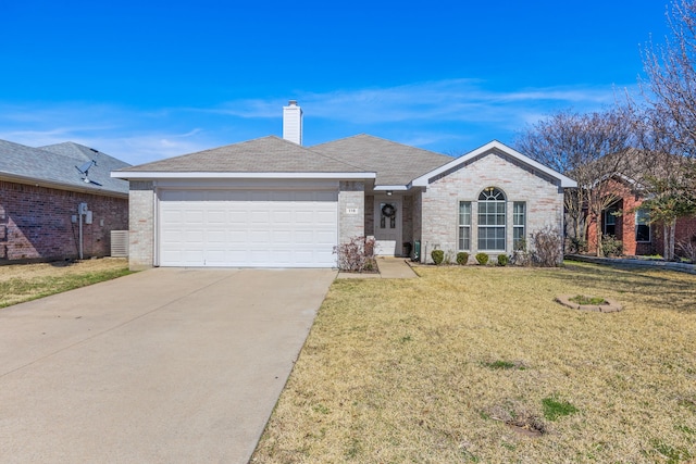 ranch-style home with a front lawn, central AC unit, and a garage